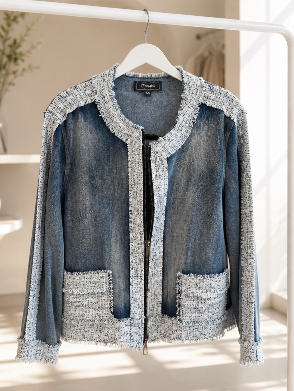 Fringe-Trim Denim Jacket in Blue - Women's Jean Jacket